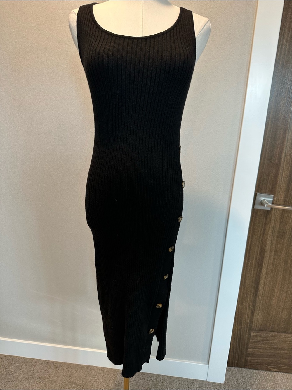 Pink Rose Black Ribbed Tank Midi Dress